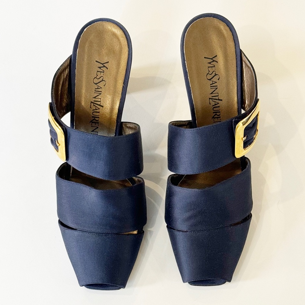 YSL Vintage 90's Satin mules with gold buckle embellishment